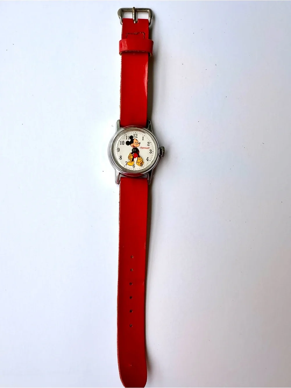 Vintage 1950s Ingersoll Mickey Mouse Hand Wind Kids Watch Disney Red Strap AS IS